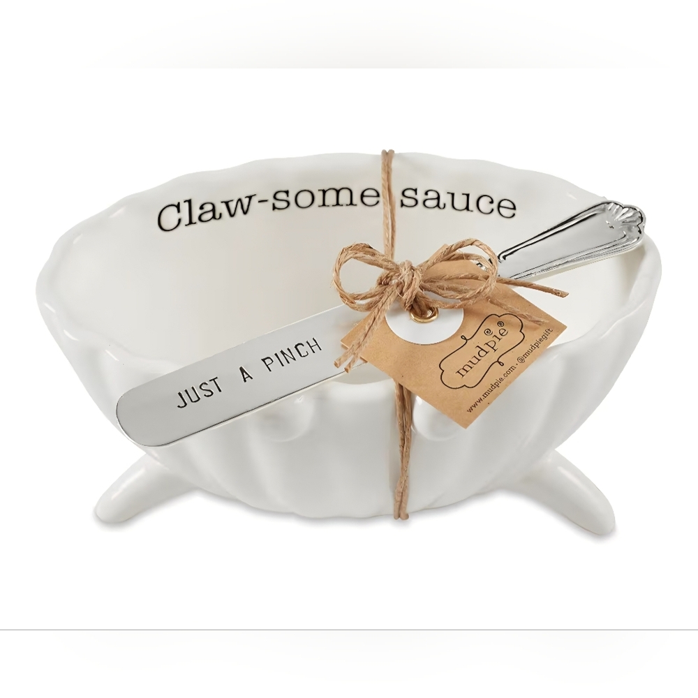 NWT Mud Pie White Seafood Dip Set Claw-some Sauce Bowl with Spreader